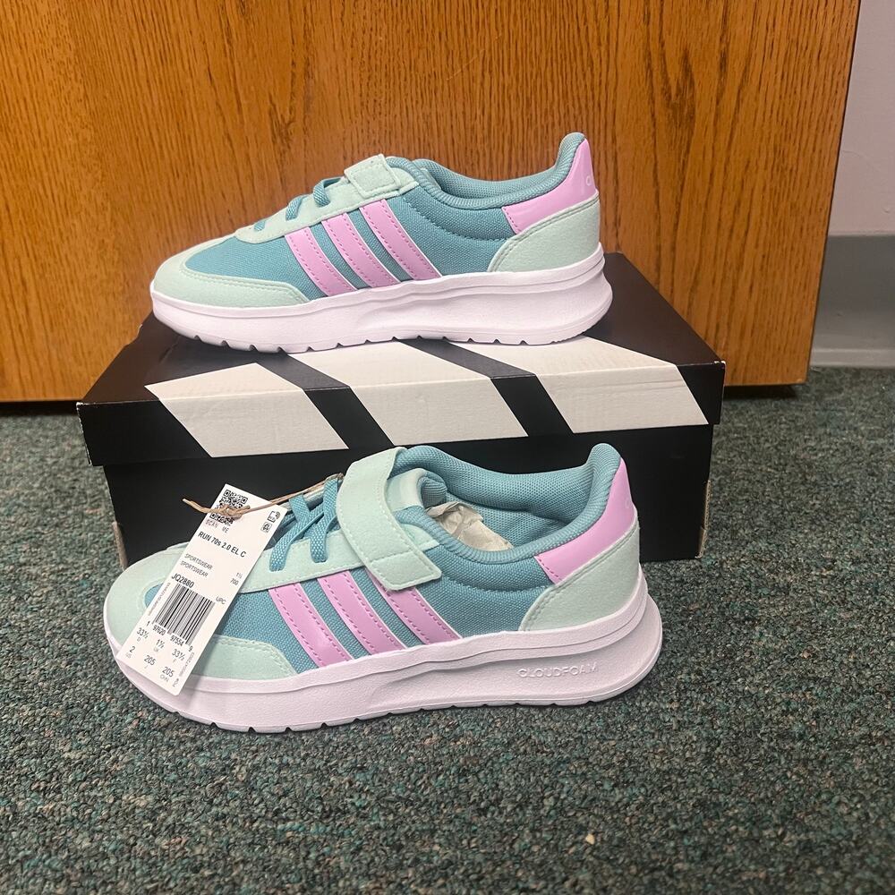 New adidas Run 70s 2.0 EL C JQ2880 Kids Shoes Turquoise Pink Size 2 Hook Loop